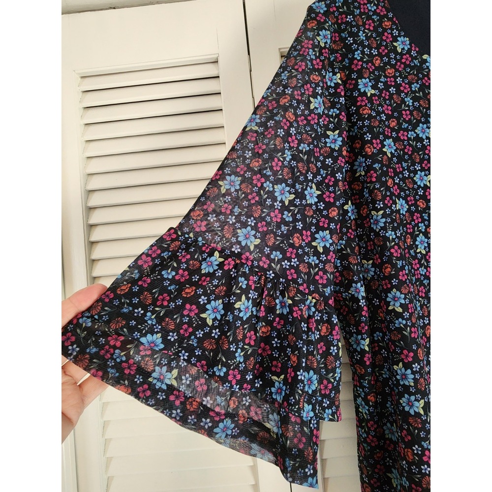 CJ Banks Womens 1X Floral Tassel Tie Blouse Sheer Navy Pink Boho Top 3/4 Sleeve - Picture 3 of 7